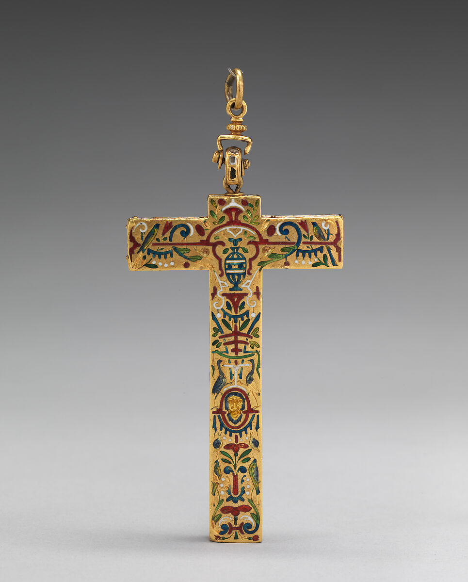 Reliquary cross and chain, Gold, diamonds, enamel, Spanish