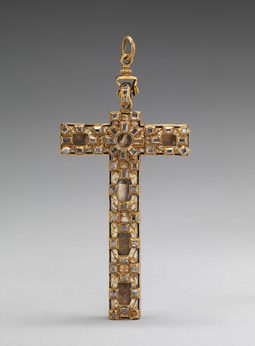 Reliquary cross and chain, Gold, diamonds, enamel, Spanish 