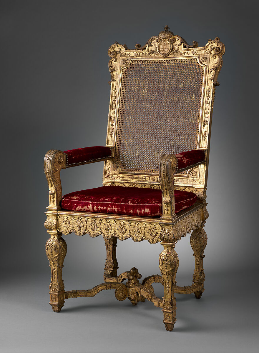 Armchair, Carved and gilded walnut, caning; velvet, French