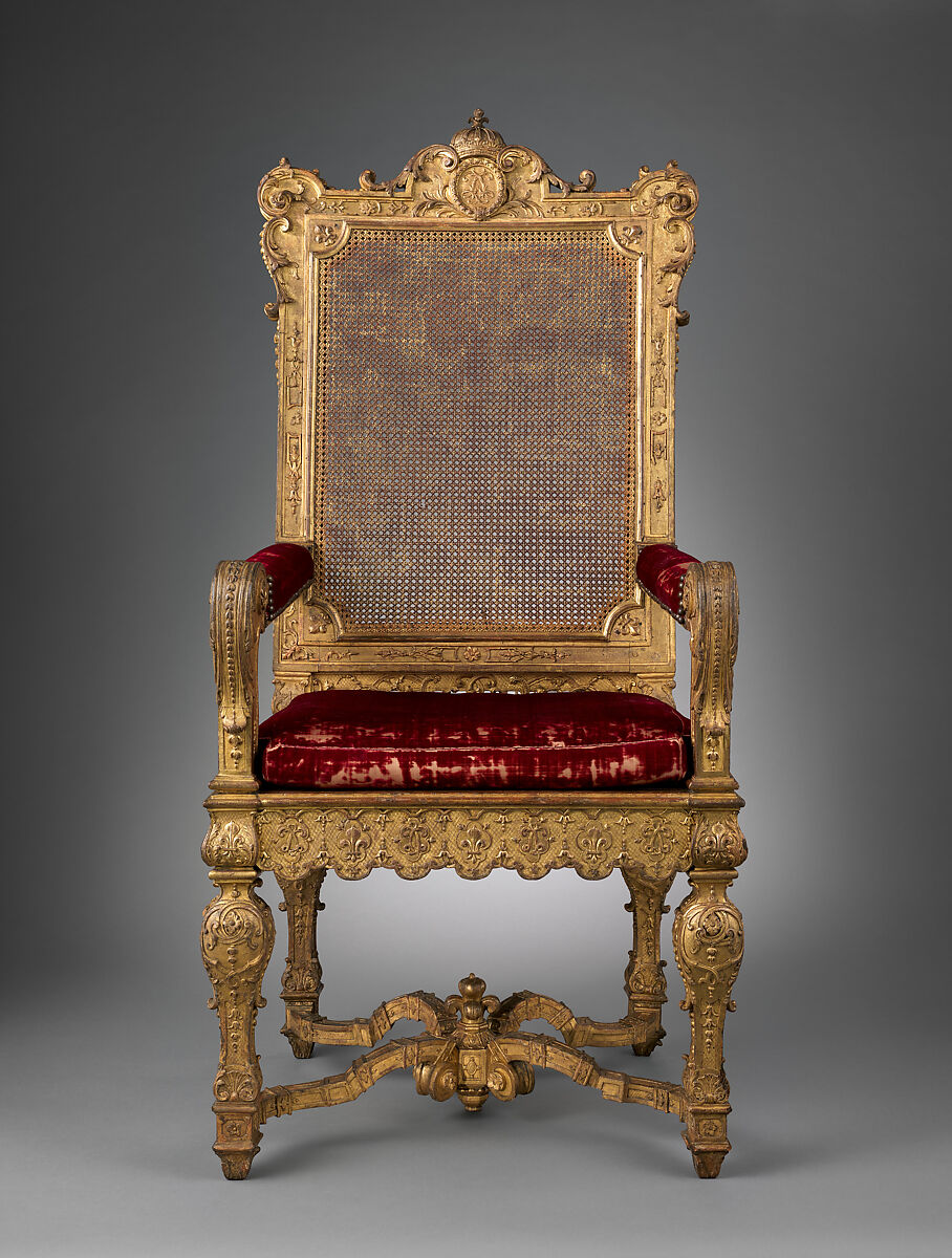 Armchair, Carved and gilded walnut, caning; velvet, French