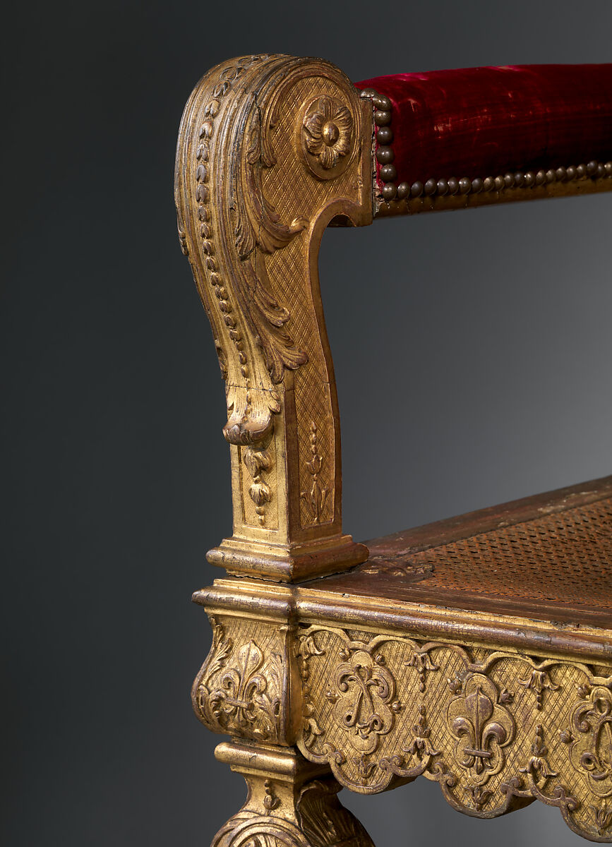 Armchair, Carved and gilded walnut, caning; velvet, French