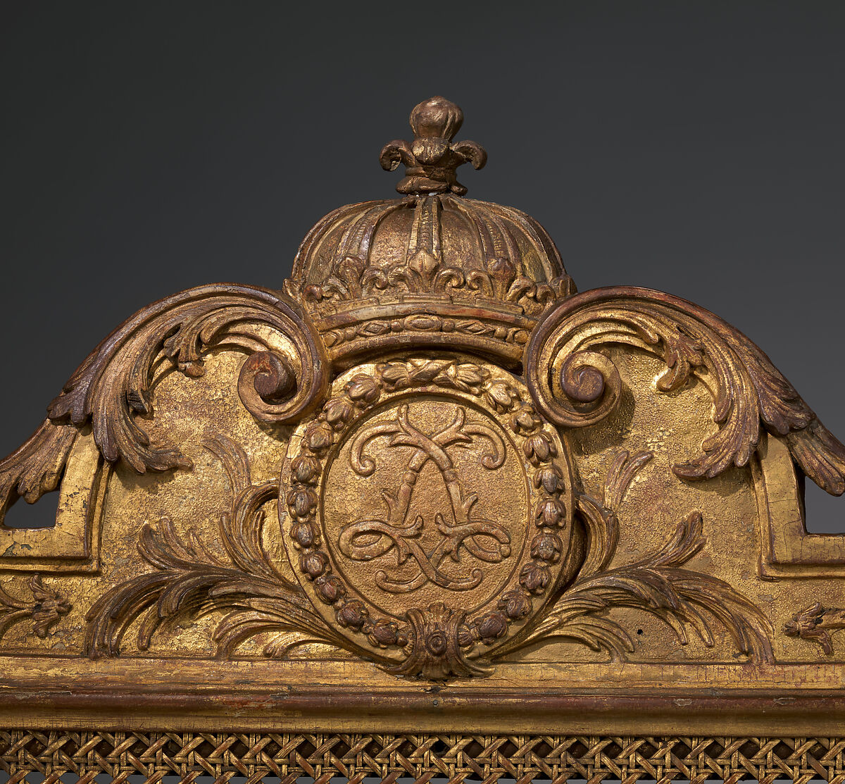 Armchair, Carved and gilded walnut, caning; velvet, French