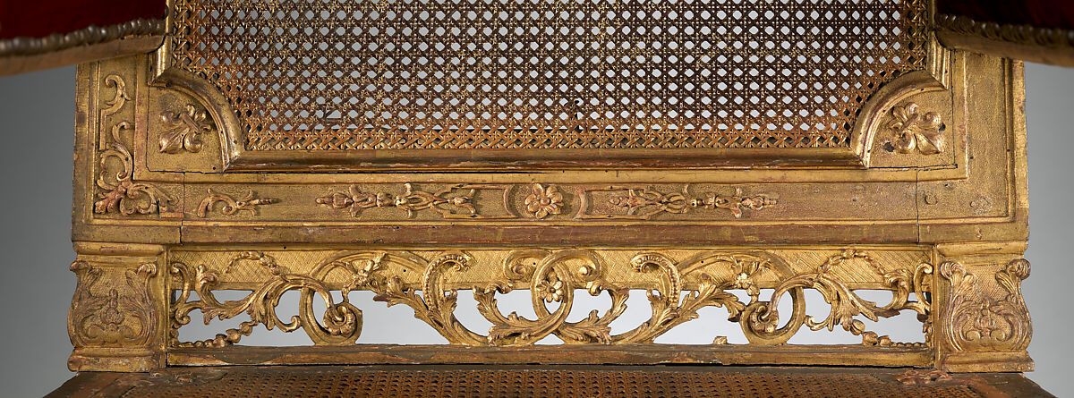 Armchair, Carved and gilded walnut, caning; velvet, French
