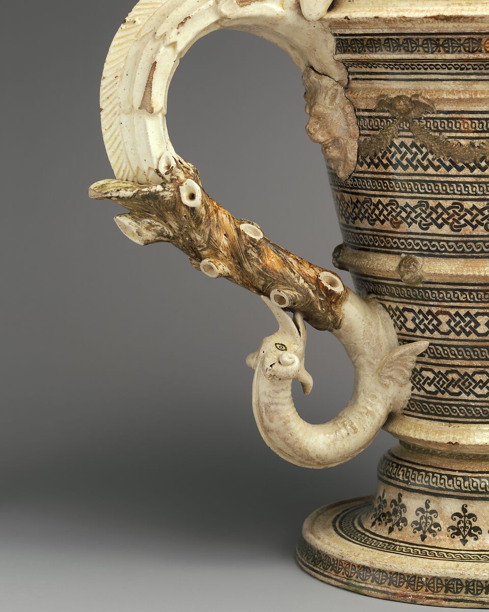 Ewer, Lead-glazed earthenware inlaid with slip, with molded ornament, French, Saint-Porchaire or Paris