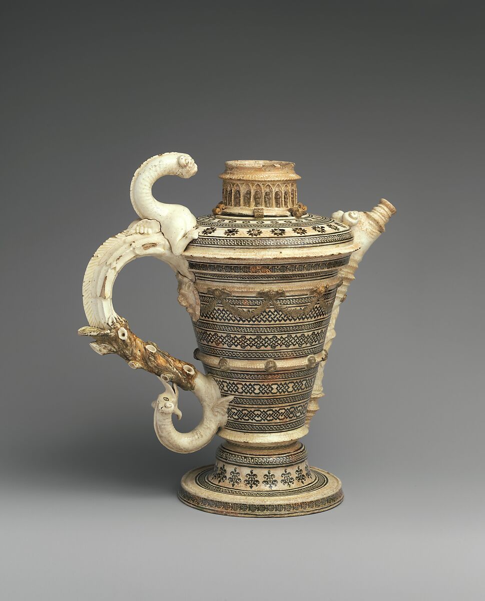 Ewer, Lead-glazed earthenware inlaid with slip, with molded ornament, French, Saint-Porchaire or Paris