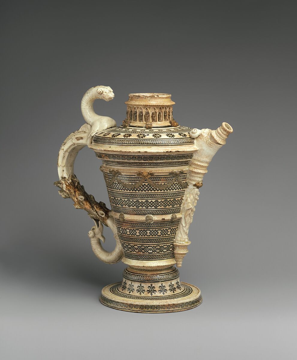 Ewer, Lead-glazed earthenware inlaid with slip, with molded ornament, French, Saint-Porchaire or Paris