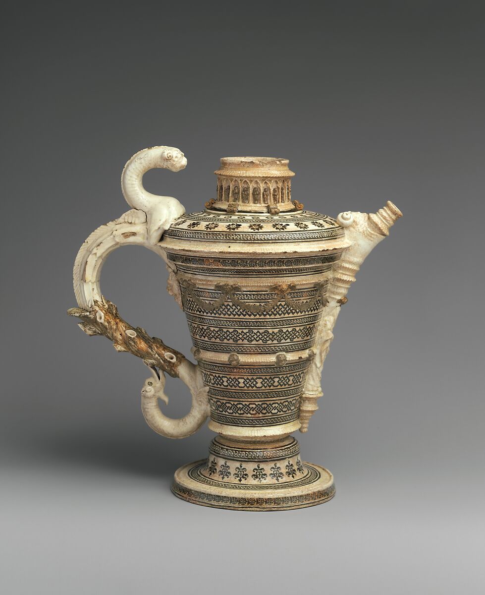 Ewer, Lead-glazed earthenware inlaid with slip, with molded ornament, French, Saint-Porchaire or Paris 