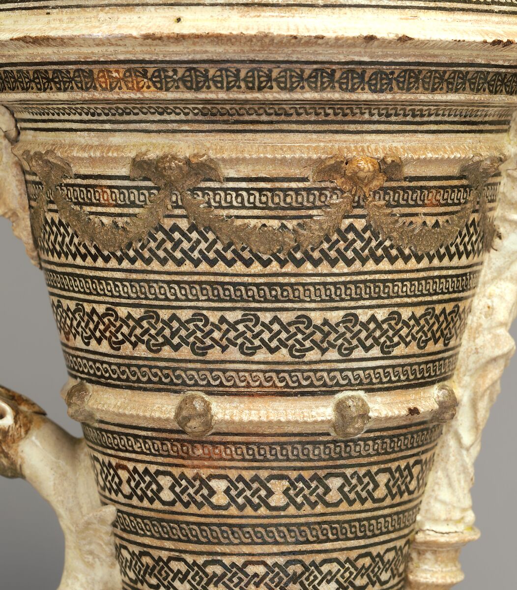 Ewer, Lead-glazed earthenware inlaid with slip, with molded ornament, French, Saint-Porchaire or Paris