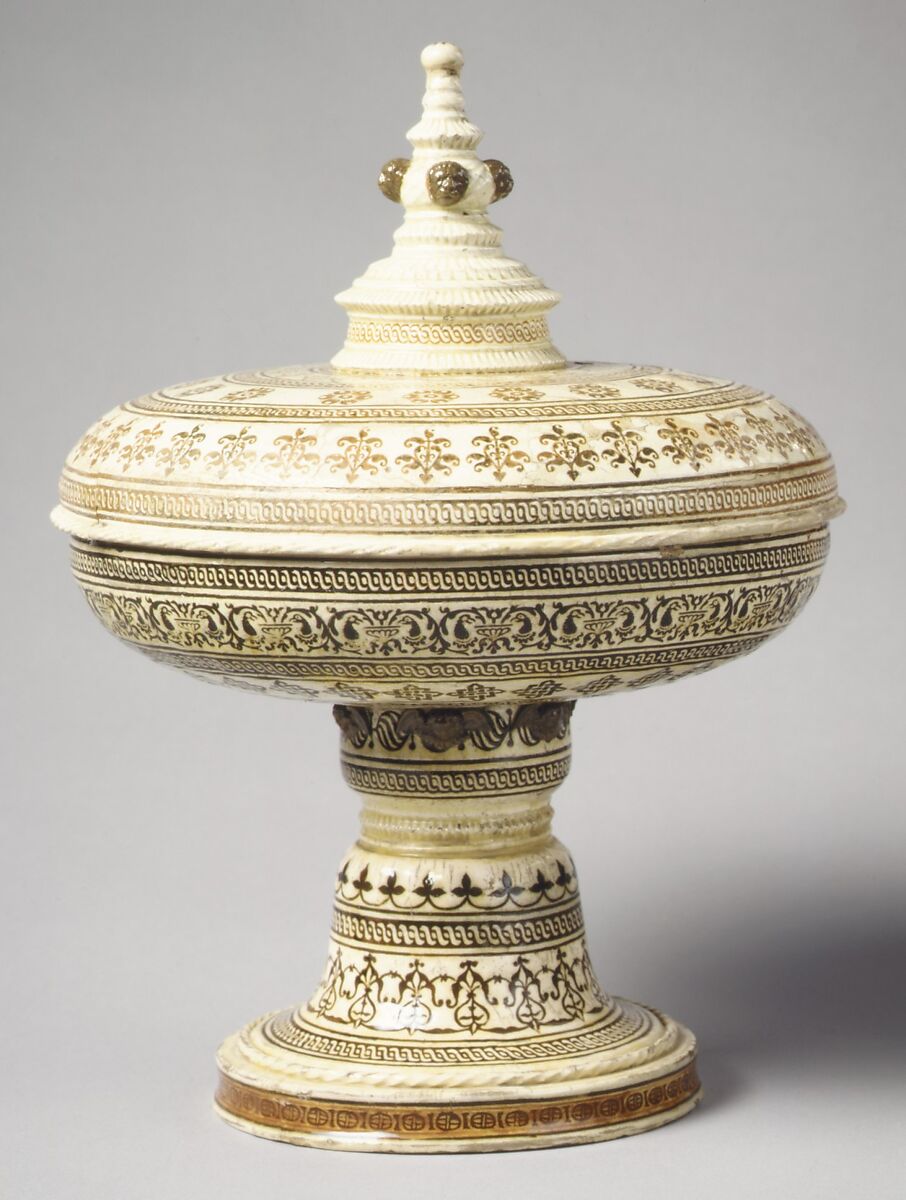 Tazza with cover, Lead-glazed earthenware inlaid with slip, with molded ornament, with 20th century unpainted foot, French, Saint-Porchaire or Paris 