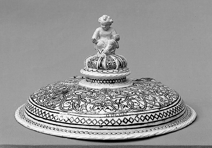 Tazza cover, Lead-glazed earthenware inlaid with slip, with molded ornament, French, Saint-Porchaire or Paris 