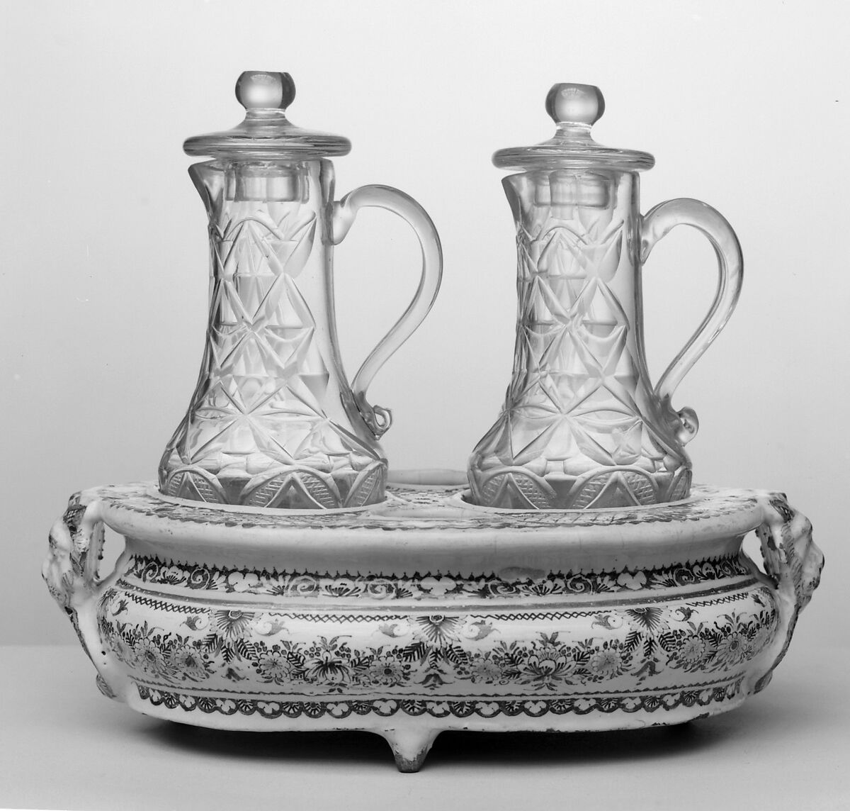 Cruet stand with cruets, Faience (tin-glazed earthenware); glass, French, Rouen 