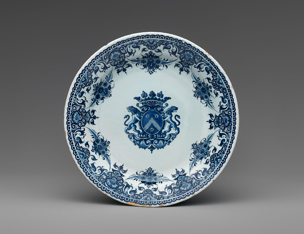 Plate with arms of the Poterat family, Faience (tin-glazed earthenware), French, Rouen 