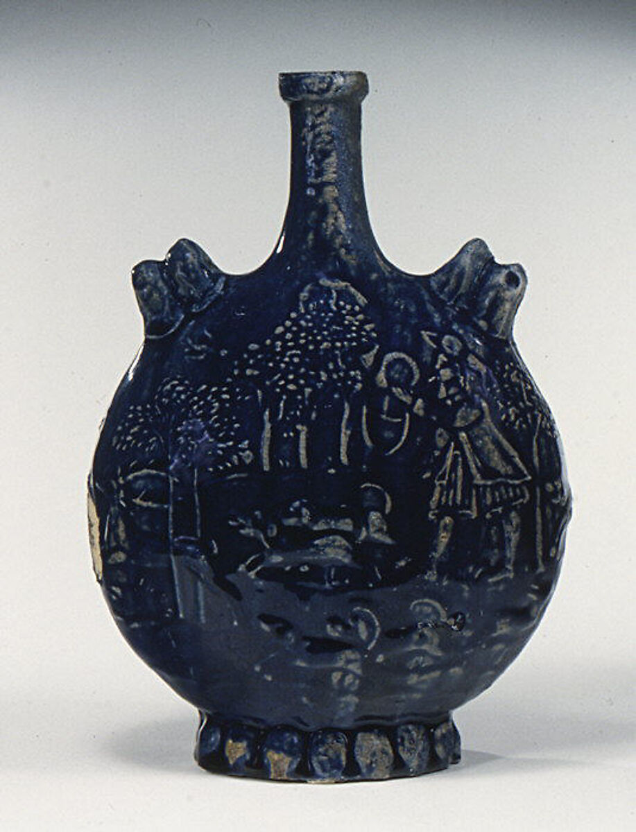 Pilgrim bottle, Stoneware, French, Puisaye