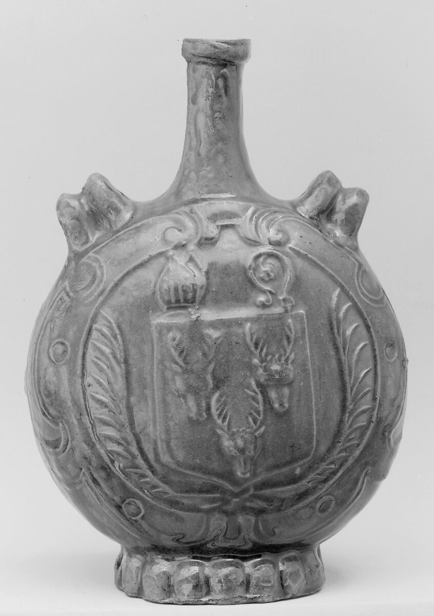 Pilgrim bottle, Stoneware, French, Puisaye