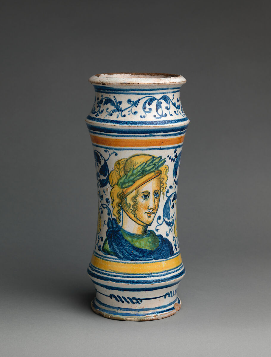 Pharmacy jar (albarello), Workshop of Masséot Abaquesne (French, active 1538–57), Tin-glazed earthenware, French, Rouen 