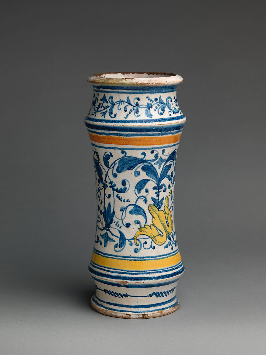 Pharmacy jar (albarello), Workshop of Masséot Abaquesne (French, active 1538–57), Tin-glazed earthenware, French, Rouen