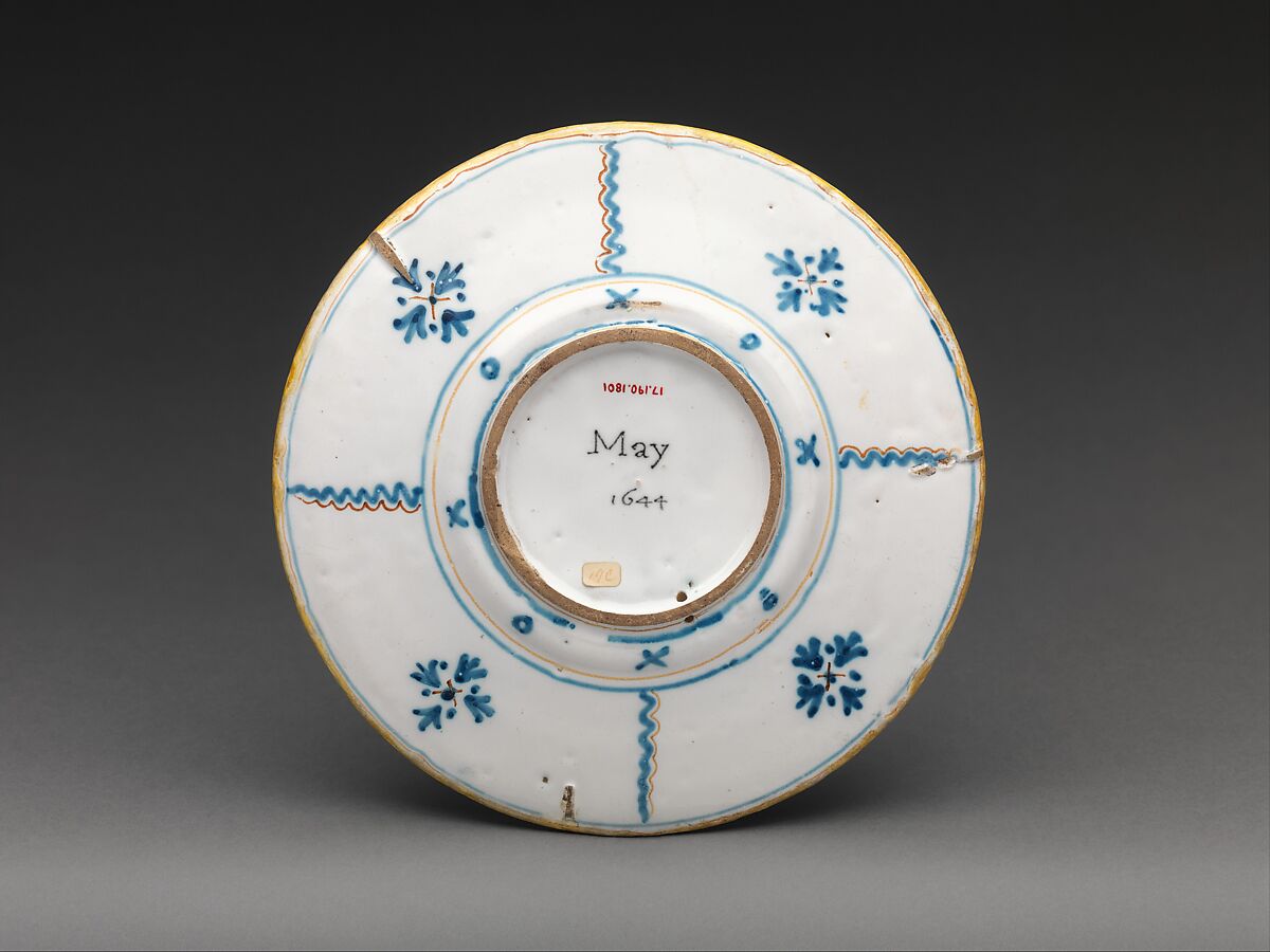 Plate with two lovers, Perhaps Workshop of Antoine Conrade and his family, Faïence (tin-glazed earthenware), French, Nevers