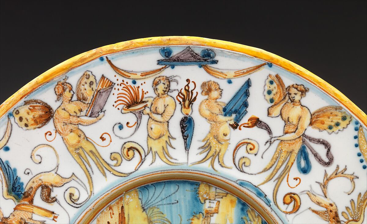 Plate with two lovers, Perhaps Workshop of Antoine Conrade and his family, Faïence (tin-glazed earthenware), French, Nevers