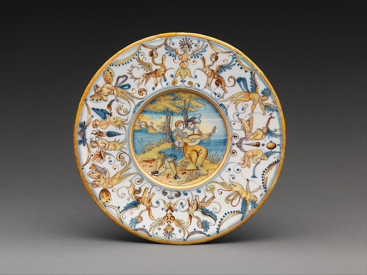 Plate with two lovers, Antoine Conrade and his family, Faïence (tin-glazed earthenware), French, Nevers