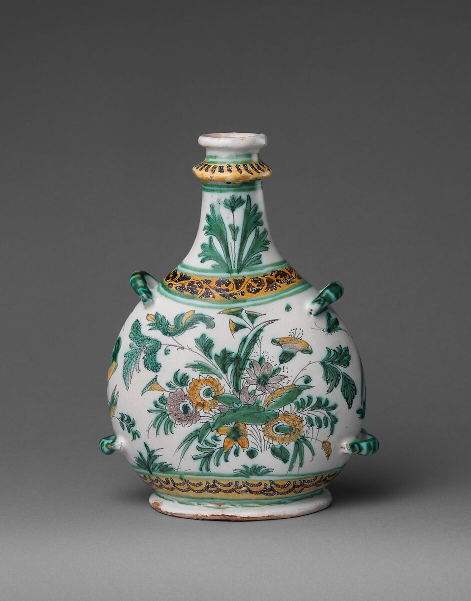 Pilgrim bottle, Faience (tin-glazed earthenware), French, Nevers 