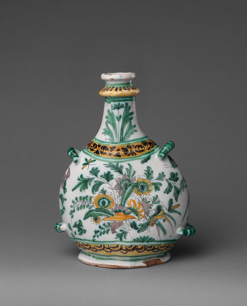 Pilgrim bottle, Faience (tin-glazed earthenware), French, Nevers
