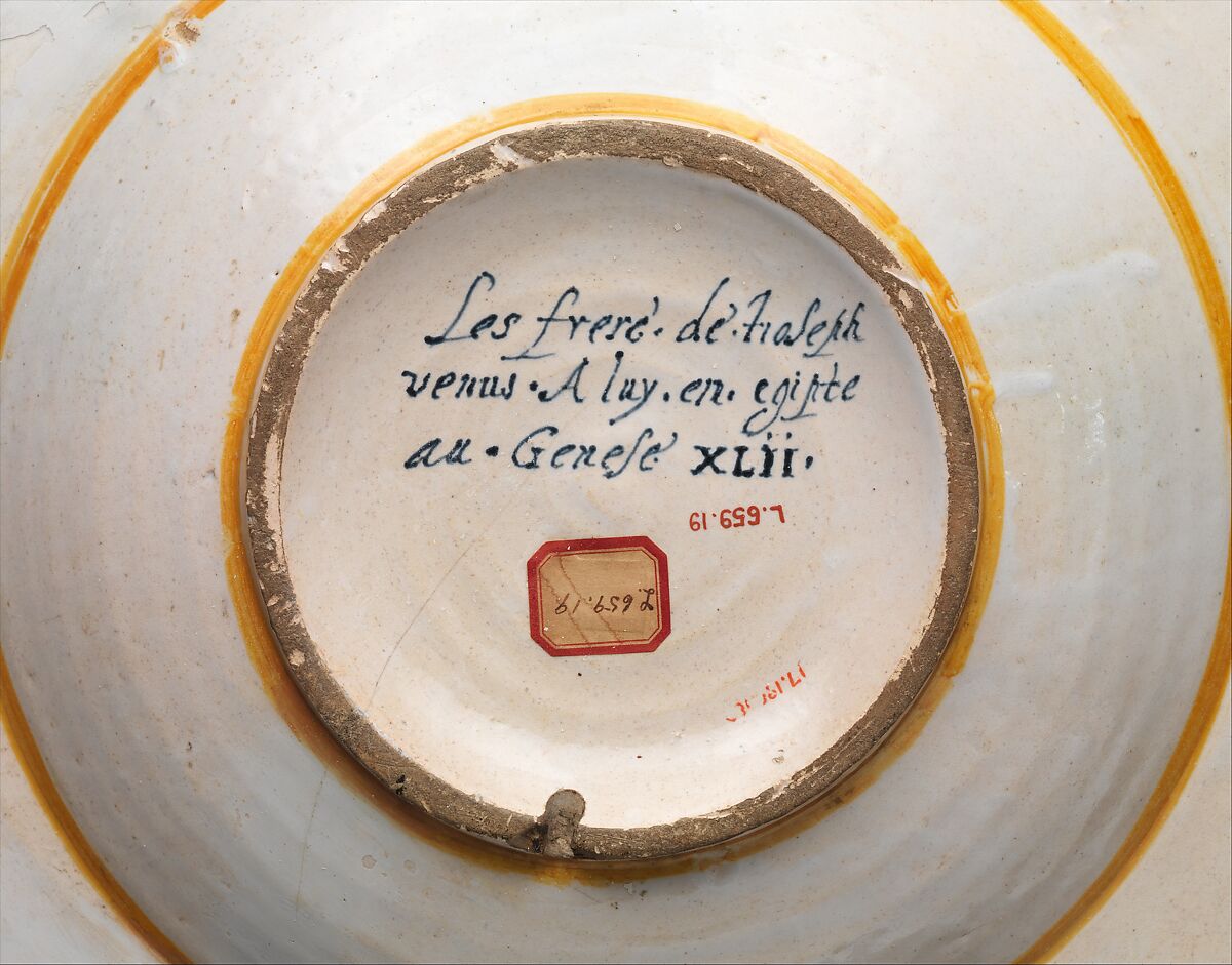 Dish with Joseph and His Brothers, Probably Workshop of Antoine Conrade and his family, Faïence (tin-glazed earthenware), French, Nevers
