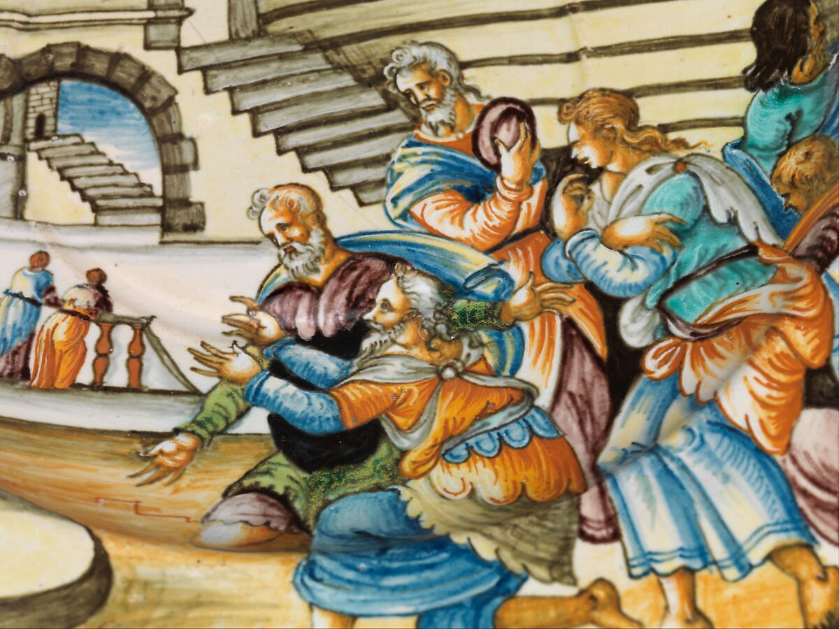 Dish with Joseph and His Brothers, Probably Workshop of Antoine Conrade and his family, Faïence (tin-glazed earthenware), French, Nevers