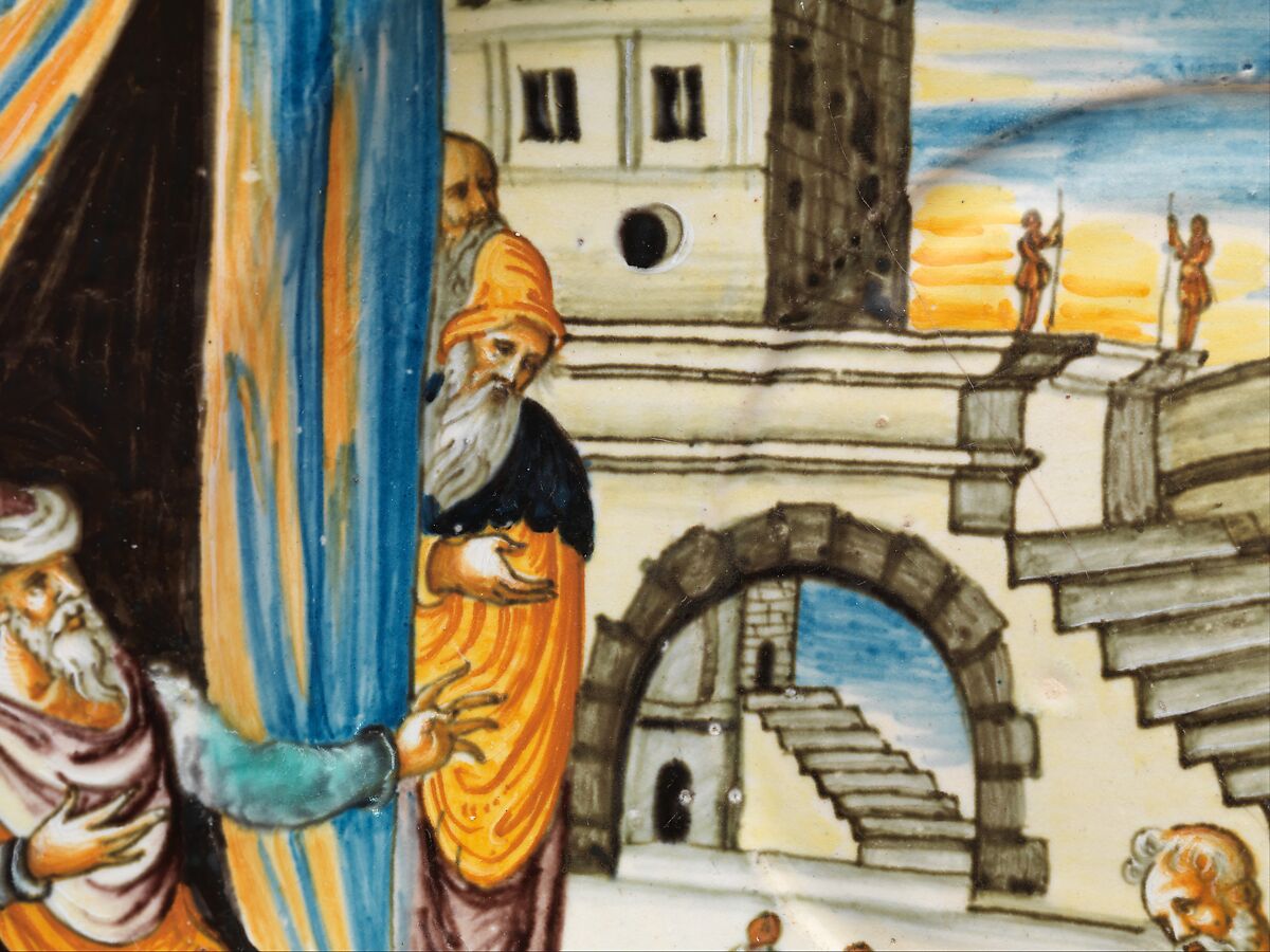 Dish with Joseph and His Brothers, Probably Workshop of Antoine Conrade and his family, Faïence (tin-glazed earthenware), French, Nevers