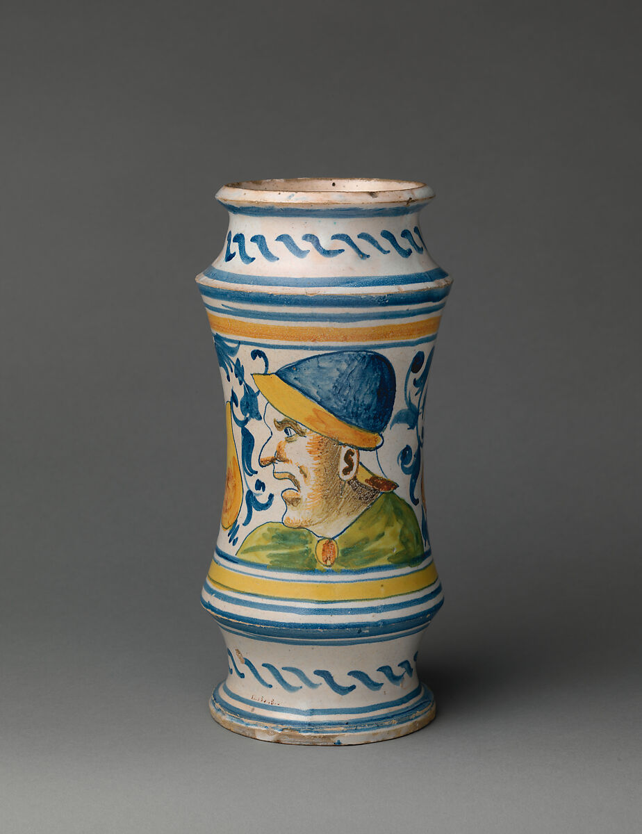 Pharmacy jar (albarello), Workshop of Masséot Abaquesne (French, active 1538–57) and, Tin-glazed earthenware, French, Rouen 