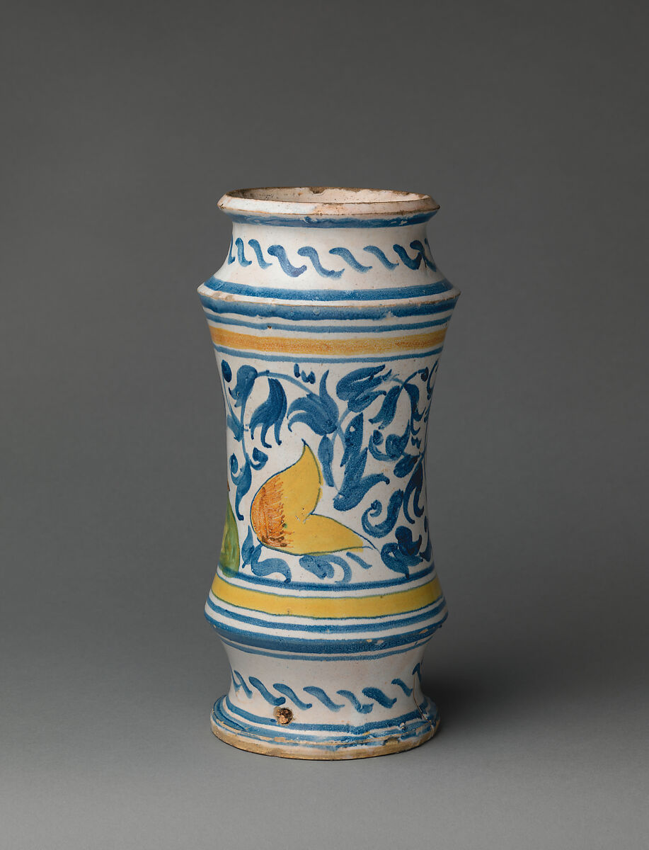 Pharmacy jar (albarello), Workshop of Masséot Abaquesne (French, active 1538–57) and, Tin-glazed earthenware, French, Rouen