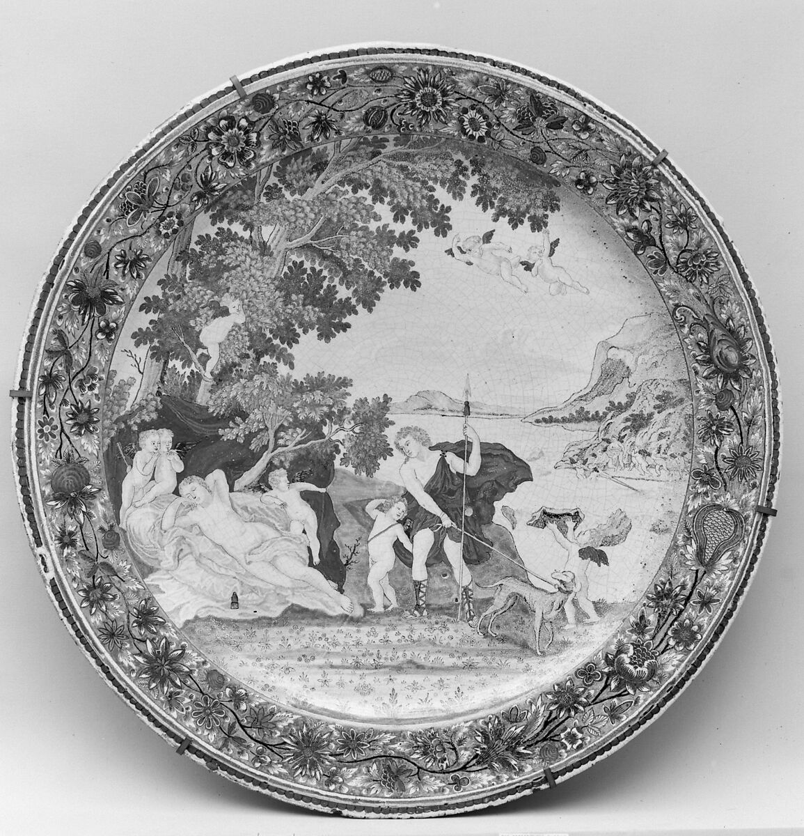 Plateau, Painted decoration by Claude Borne (French), Faience (tin-glazed earthenware), French, Rouen