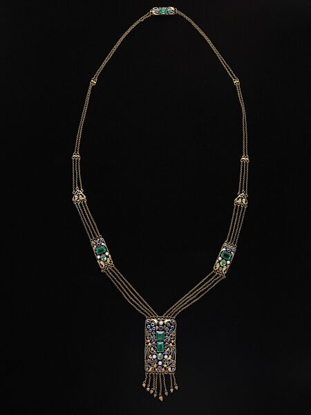 Necklace, Frank Gardner Hale (1876–1945), 18kt yellow gold, silver, peridots, amethysts, tourmalines, sapphires, and pearls., American
