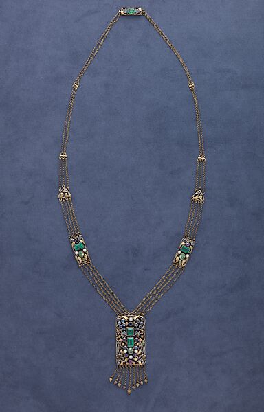 Necklace, Frank Gardner Hale (1876–1945), 18kt yellow gold, silver, peridots, amethysts, tourmalines, sapphires, and pearls., American