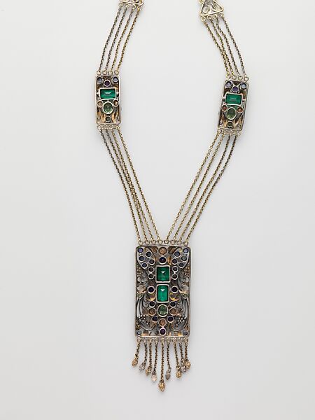 Necklace, Frank Gardner Hale (1876–1945), 18kt yellow gold, silver, peridots, amethysts, tourmalines, sapphires, and pearls., American
