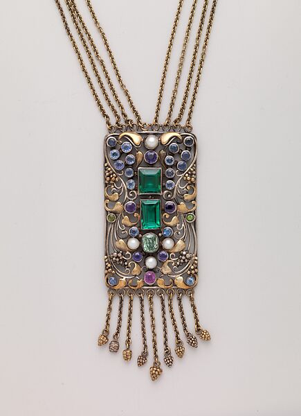 Necklace, Frank Gardner Hale (1876–1945), 18kt yellow gold, silver, peridots, amethysts, tourmalines, sapphires, and pearls., American