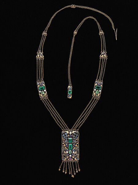 Necklace, Frank Gardner Hale (1876–1945), 18kt yellow gold, silver, peridots, amethysts, tourmalines, sapphires, and pearls., American