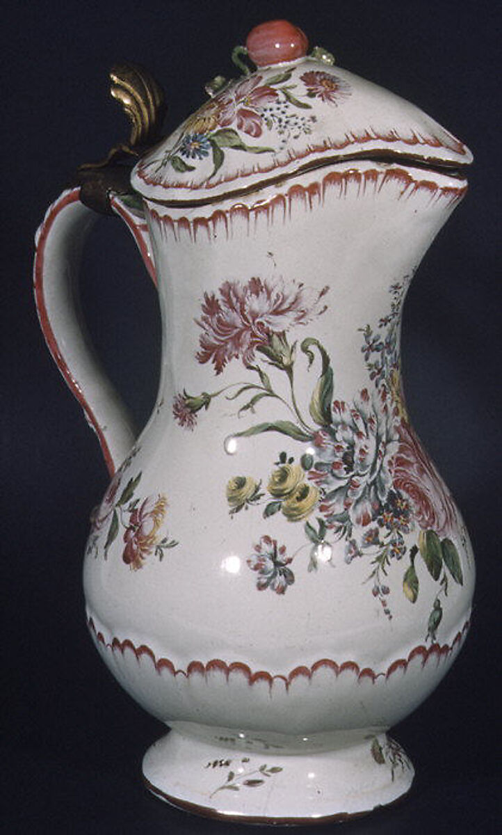 Jug with cover, Faience (tin-glazed earthenware); metal thumbpiece, French, Sceaux 