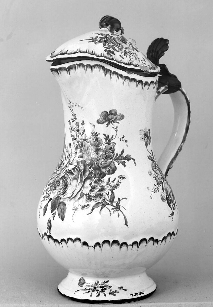 Jug with cover, Faience (tin-glazed earthenware); metal thumbpiece, French, Sceaux