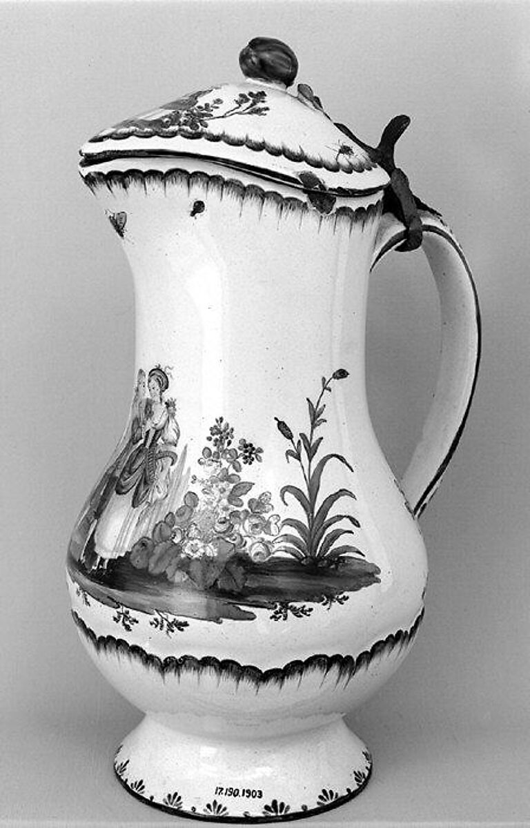 Water jug, Levavasseur (French), Faience (tin-glazed earthenware); pewter thumbpiece, French, Rouen 