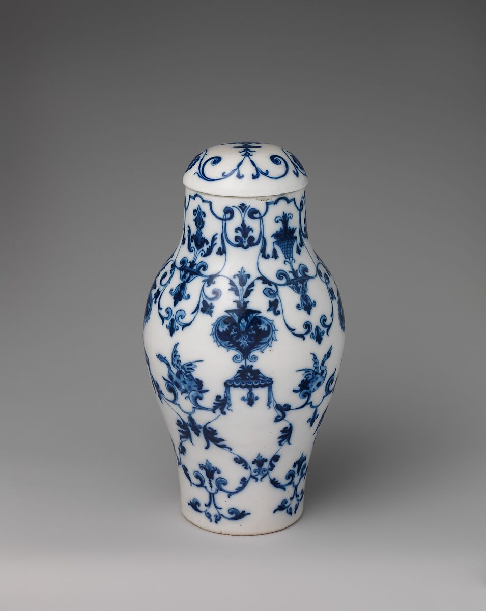 Vase with cover, Saint-Cloud factory (French, mid-1690s–1766), Soft-paste porcelain decorated in underglaze blue, French, Saint-Cloud 