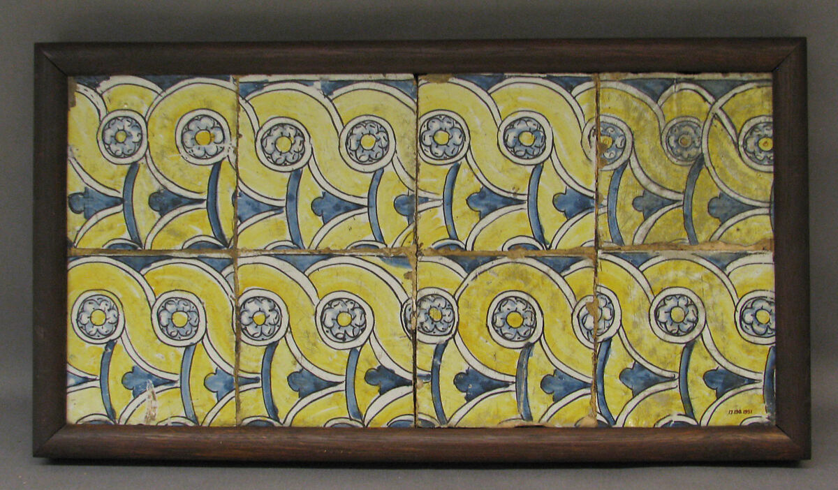Panel of tiles (8), Faience (tin-glazed earthenware), French, Rouen 