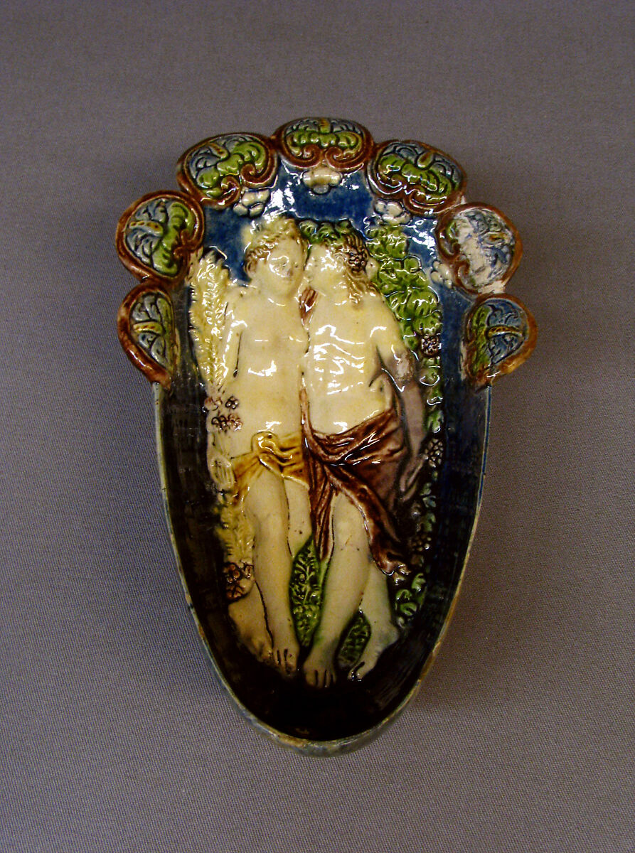 Gondola cup (Coupe gondole) with Venus as Summer and Adonis as Autumn, Lead-glazed earthenware, French, Avon or Fontainebleau