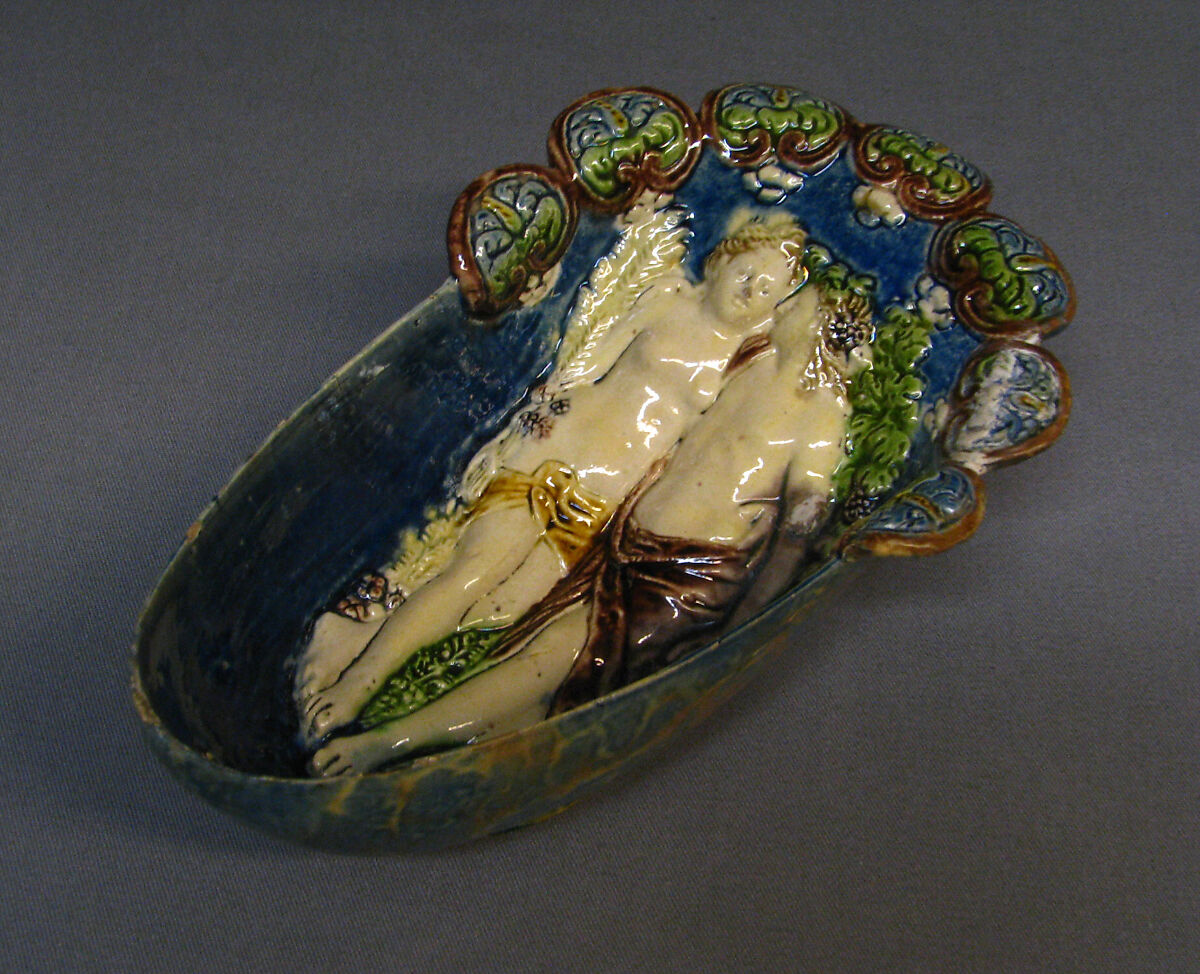 Gondola cup (Coupe gondole) with Venus as Summer and Adonis as Autumn, Lead-glazed earthenware, French, Avon or Fontainebleau