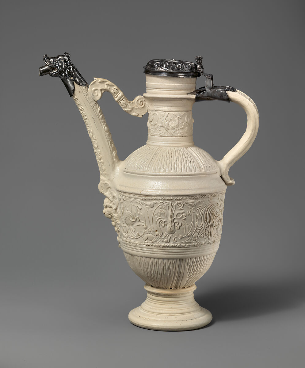 Ewer (Schnabelkanne), Workshop of Christian Knütgen (active 1568–1605), Salt-glazed stoneware; silver lid and mounts, German, Siegburg 