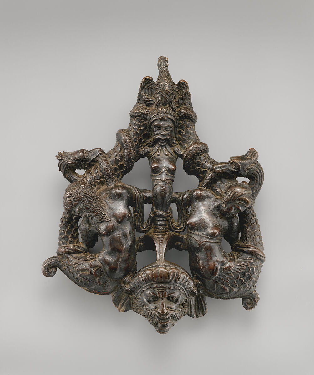 Doorknocker with a Triton and a Nereid, Bronze, iron (hammer and suspension loop), Italian, Venice 