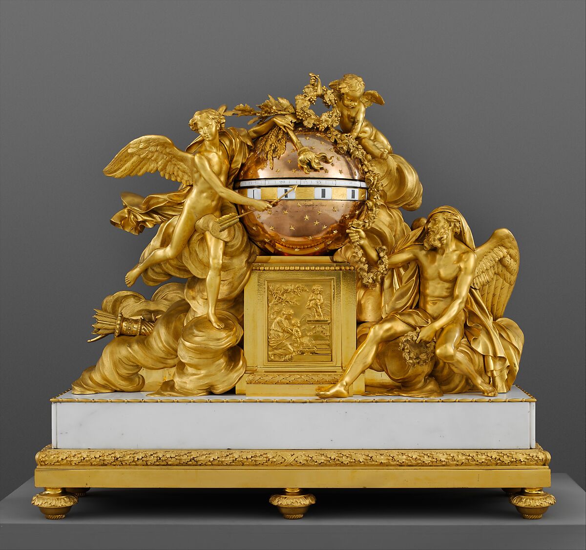 The Triumph of Love over Time, Clockmaker: Jean-Baptiste Lepaute (French, 1727–1802), Gilt bronze, marble, enamel, French, Paris 