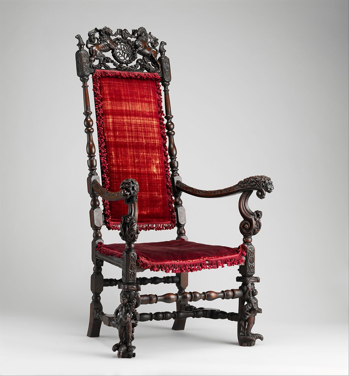 Armchair with the cipher of James II and Mary of Modena, Walnut; modern velvet, British 