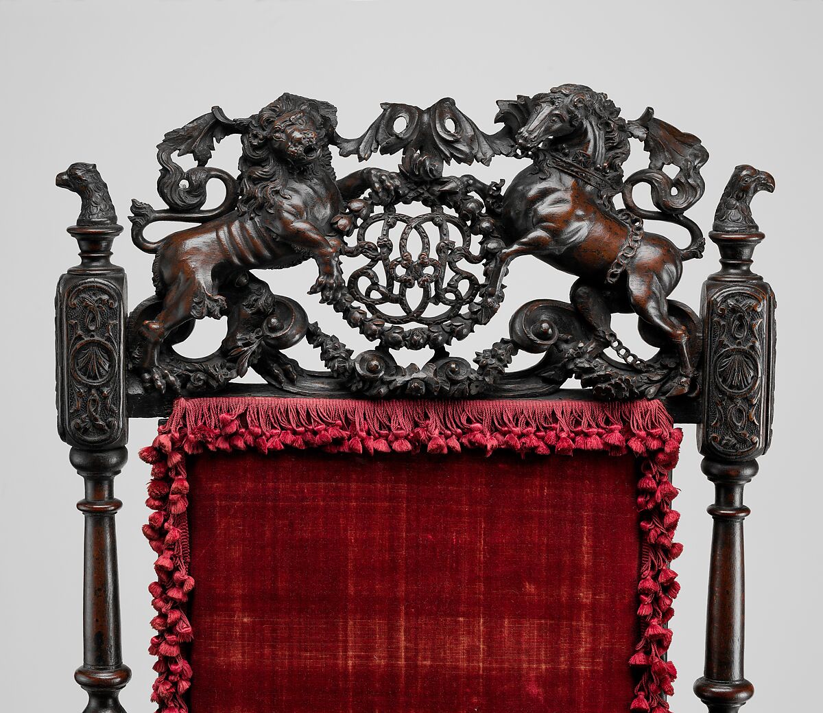 Armchair with the cipher of James II and Mary of Modena, Walnut; modern velvet, British
