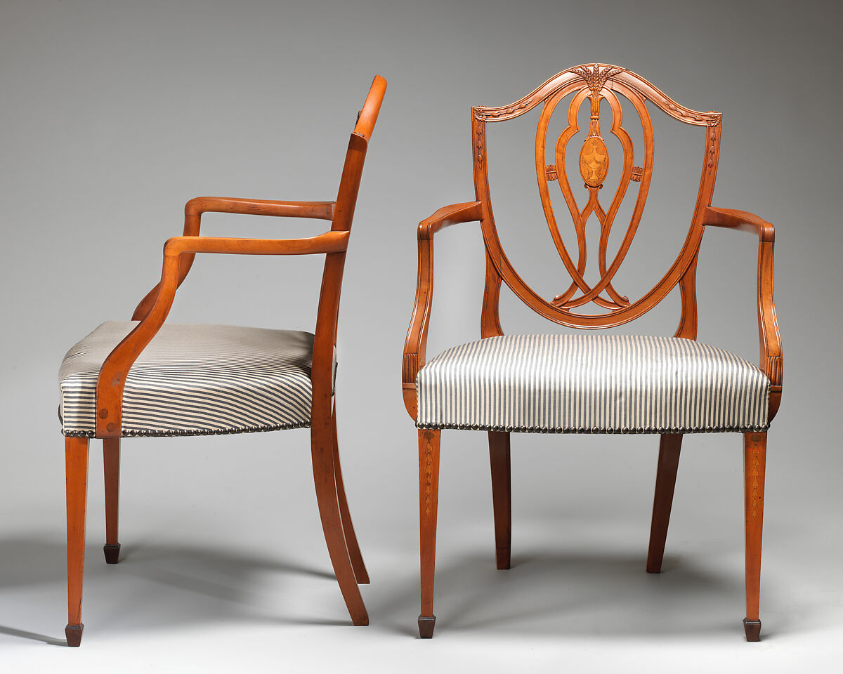 Pair of armchairs, Satinwood, modern silk, British 