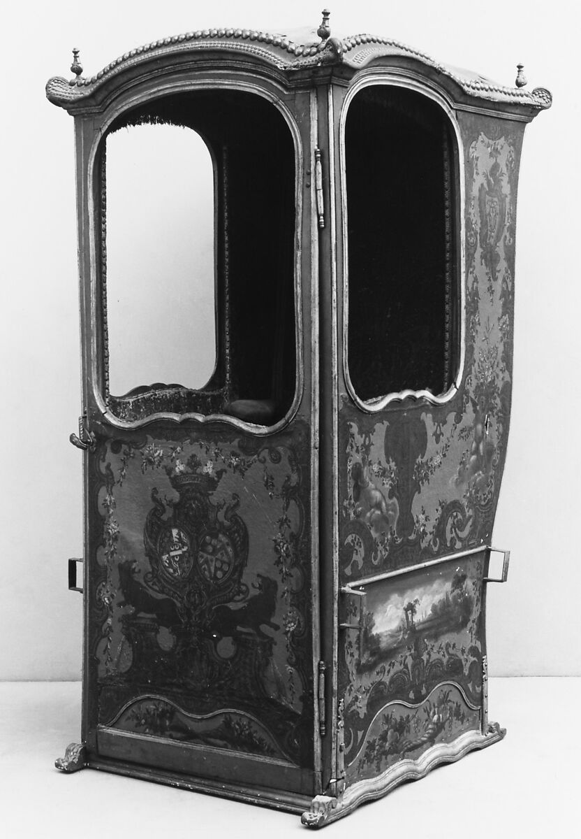 Sedan chair, Wood, painted and gilded; painted canvas, brocade velvet, Italian, Naples 